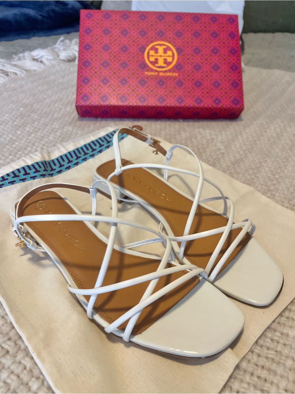 Tory Burch White Strappy Leather Slide Sandals